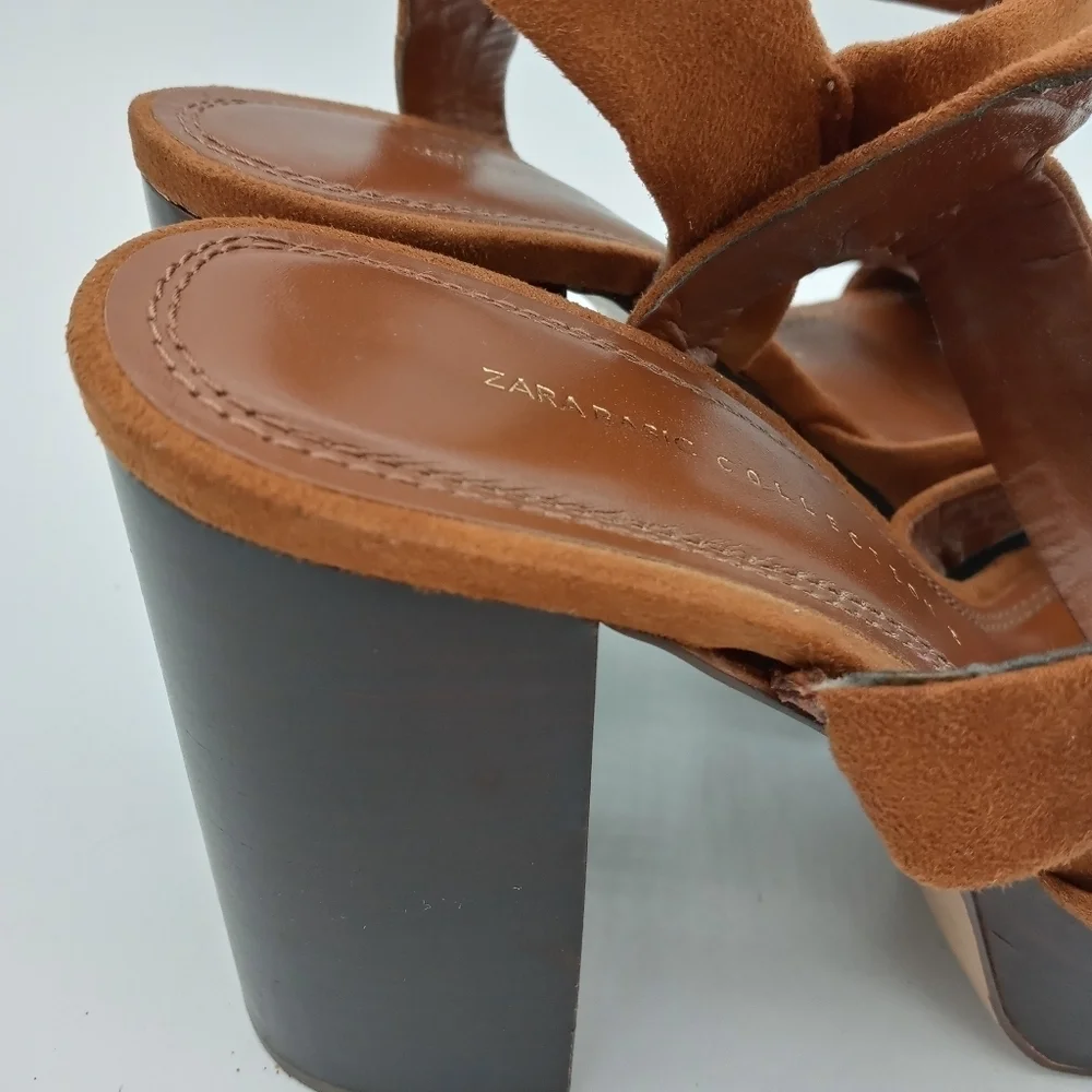 Zara Basic Collection Strappy Wood Platform Heels w/ Ankle Buckle Strap